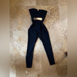 Material Girl Strapless Black Jumpsuit with Gold Waist Plate